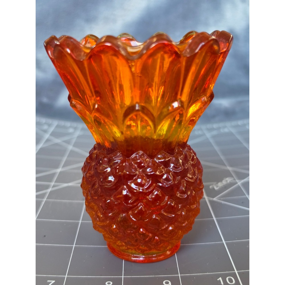 Vintage Amberina Glass Pineapple Toothpick Holder Small Bud Vase Orange Red 3in
